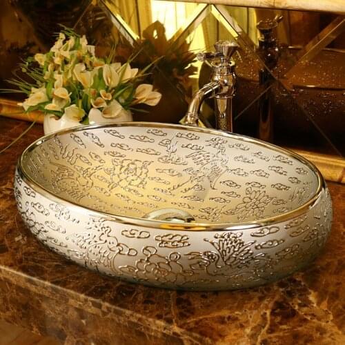Bathroom Cloakroom Europe Vintage Style Art wash basin Ceramic Counter Top silver carving ceramic Wash Basin Bathroom Sink