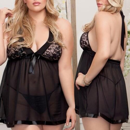 Plus Size Women Nightdress Sexy Nightwear Babydoll Lace Nightgown 2PCS Set Sleepwear Dress Sexy Nightwar Sleep & Lounge #W
