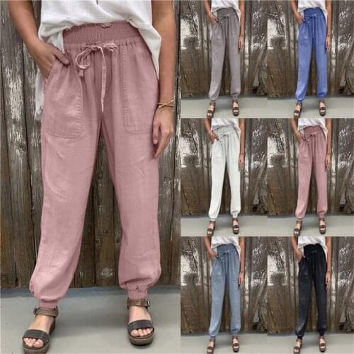 2021 Women Loose Leggings Elasticated Casual Pants Comfort Solid Color Belt Lace-up Pants Ladies Long Trousers Plus Size 5XL