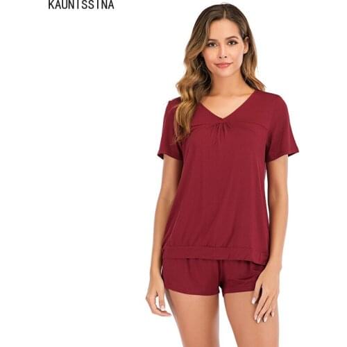 Women Soft Pajamas Set Nightwear Short Sleeve Solid V-Neck Top Shorts Pant Sleepwear Sets Pajama Female Lingerie Pajama
