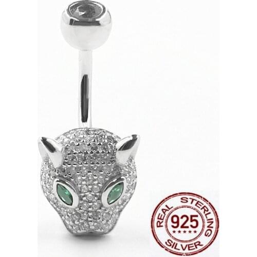 Leopard head 925 silver belly bars body piercing for women green stone eye punk allergy free 8mm