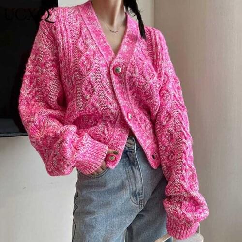 UCXQ Woman Sweater Fancy Yarn Long Sleeve Loose V Collar Casual Kniited Cardigan Hemp Pattern Style 2021 Autumn Fashion 23XM004