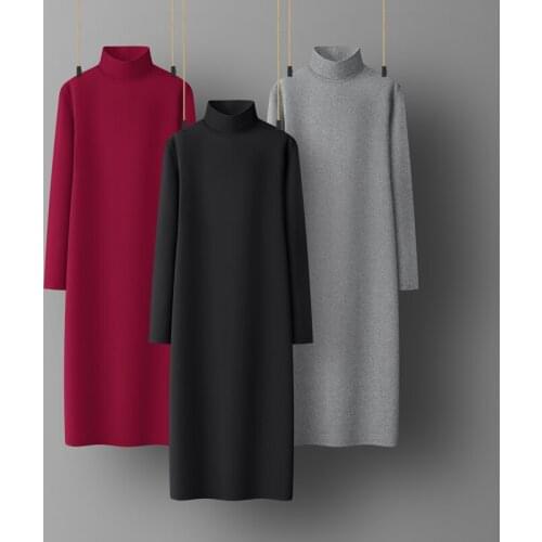 Woman Cotton Soft Dress Full sleeve Turtleneck Casual Elastic Lady office dress