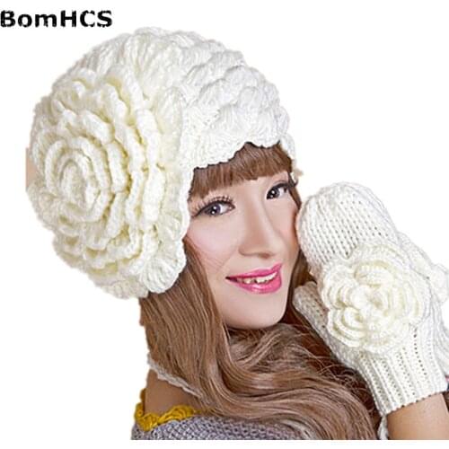 BomHCS Winter Warm Beanie & Gloves Suit Handmade Knit Crochet Hat Caps Glove with a Big Flower (price for hat or gloves)