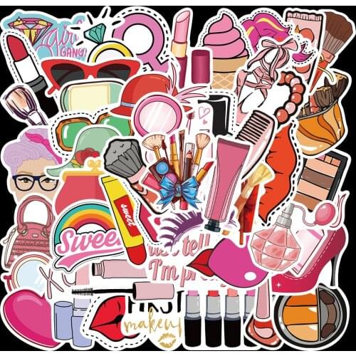 10/50Pcs/Lot Women Makeup Pink Stickers Girl Toys Stickers For Laptop Luggage Graffiti Aesthetic Book Waterproof Decal Stickers
