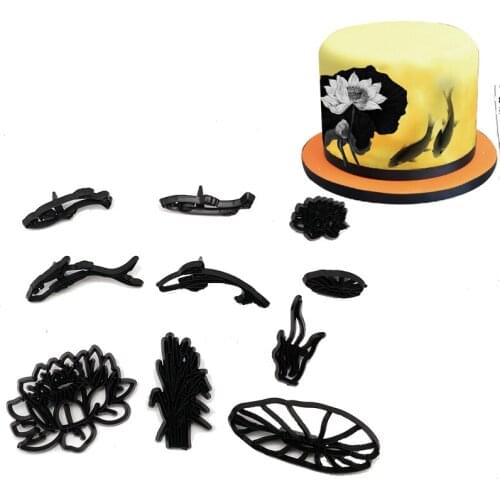 10PCS Lotus Pond Fish Theme Cookie Cutter Plastic Fondant Biscuit Mold Sugarcraft Cake Decoration Baking Tools Cake Mold