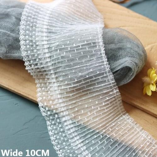 10CM Wide White Tulle Pleated Elastic Lace Fabric Polka Dots Embroidery Fringe Edge Cuffs Collar Ribbon Apparel DIY Sewing Decor