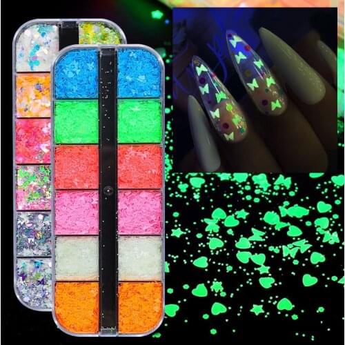 12 grids/set Nail art luminous sequins butterfly sequins long strip boxed five-pointed star ultra-thin sequins luminous sequins