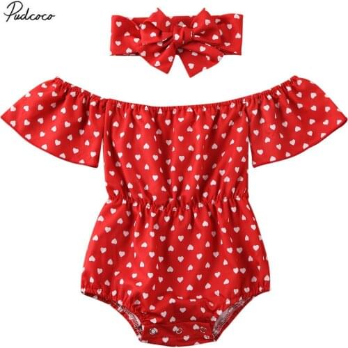 2020 Sweet Newborn Baby Girls Cotton Romper Off Shoulder Heart Print Red Jumpsuit Headband 2PCS Outfits Kids Clothes
