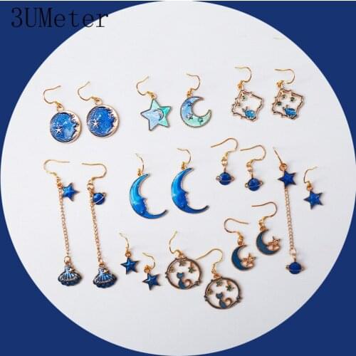 3UMeter 2019 New Korean Earrings Blue Cute Stars Ear Clips Moon Dangle Earrings Asymmetrical Women Romantic Ear Clip Jewelry