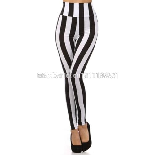 Free Shipping High Waist Black White Striped Leggings Stretchy Houndstooth Windmill Pants For Lady XS/S/M/L/XL