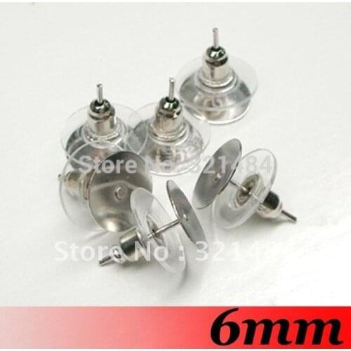 Free ship! Rhodium Dull Silver Plated 500set 6mm Flat Glue Pad Cameo Setting Stud Earring Post With topper Blank Base Findings