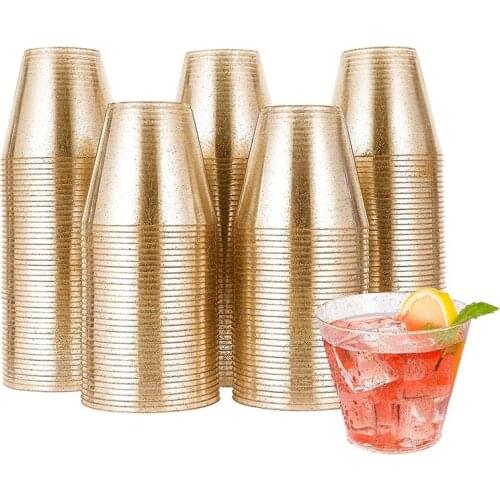 Glitter Gold Plastic Cups,Disposable Gold Wine Glasses,Clear Plastic Tumblers,Gold Glitter Cups,Disposable Party Cups