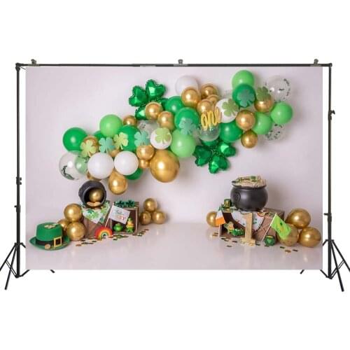 Baby First Birthday Photography Background St.Patricks Day Green Gold Balloons Arch Portrait Irish Carnival Cake Smash Backdrop