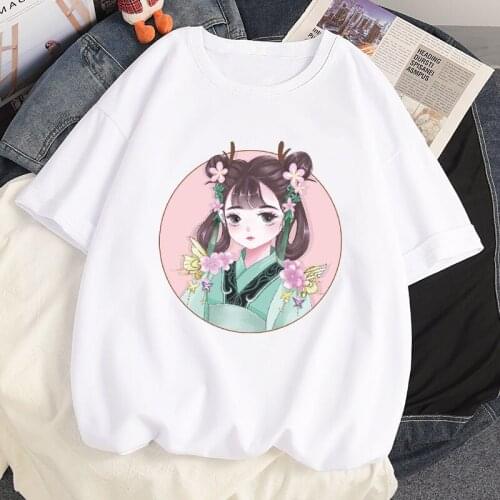 Harajuku 100% Cotton Cute Anime Loose Tees kawaii Fairy Sister Printing y2k Summer Short Sleeved Oversized T Shirts Women Tops