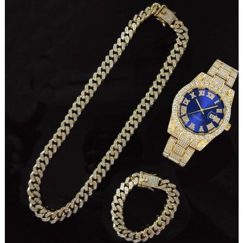 Hip Hop 3pcs Kit Iced Out Paved Rhinestones 12MM Full Miami Cuban Necklace+Watch+Bracelet CZ For Men Women Charm Jewelry