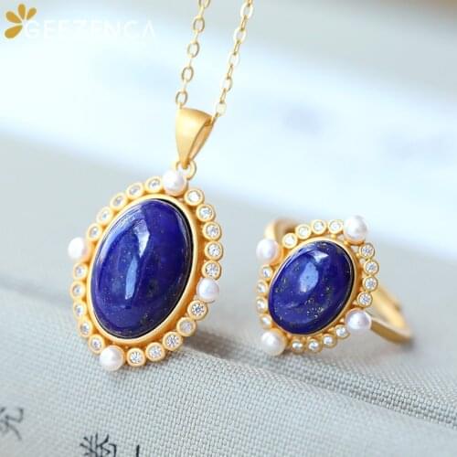925 Sterling Silver Lapis Lazuli Gold Plated Jewelry Sets Ring Necklace Classic Oval Pearl Zircon Fine Jewelry for Women Gift