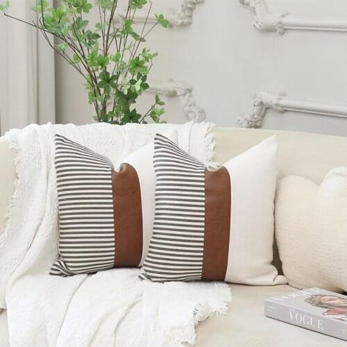 Farmhouse Stripe Patchwork Linen Throw Pillow Case Modern Faux Leather Accent Contrast Color Decorative Cushion Cover