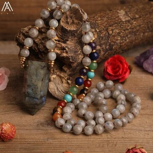 Natural Labradorite Stone Point Pendant Fragrant Sandalwood Round Beads Mala Necklace For Women Meditation Necklace Jewelry Gift