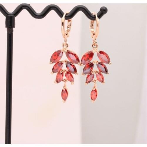 Wholesale Elegant Famous Brand Colorful red cz Gem Crystal Earrings jewelry For Women Rose gold-color Long Earring