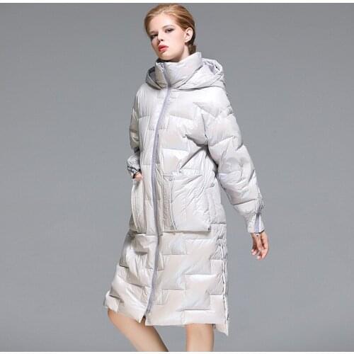 New down jacket womens middle and long style 90 white duck down standing collar hooded fashion thickened coat trend