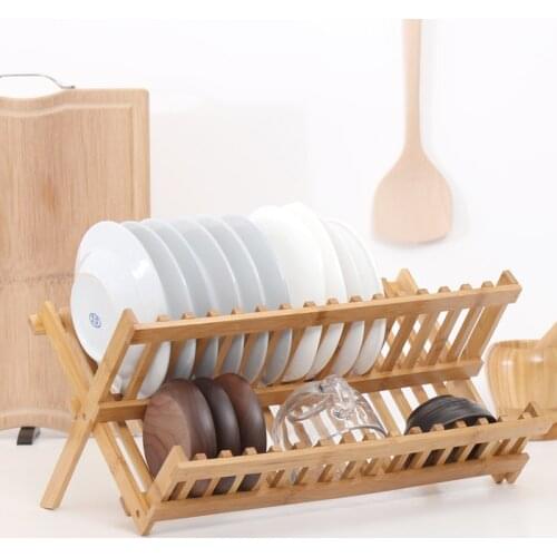 Dish rack drain rack kitchen double-layer dish storage rack drying rack dish bamboo upright ventilation rack Holder Plate Wooden