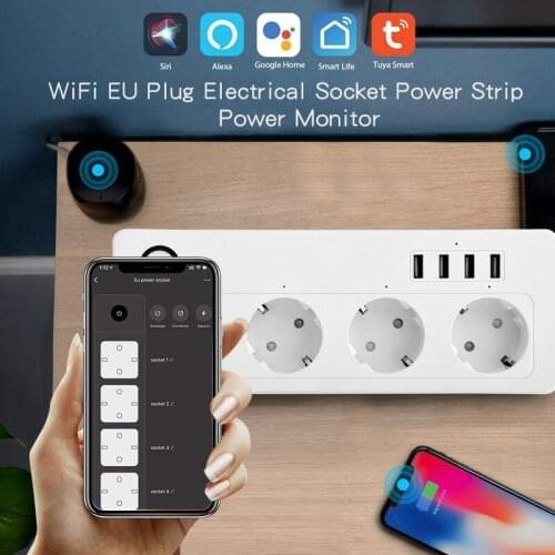 Tuya 4 USB Ports Smart EU Power Strip with 4 Outlets Home Office WiFi Remote Control Power Strip Smart Wireless Outlet EU Plug