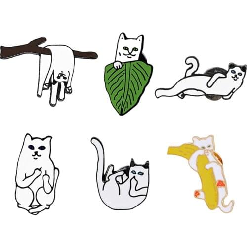 Funny White Cat Brooch Cat on Branches Banana Leaf Lying Animal Cartoon Enamel Pin Badge Jackets Pin Jewelry Gift For Girls Kids