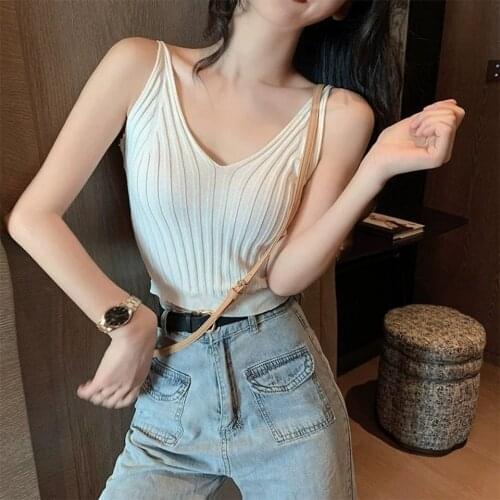 Korean Version Of Sexy Slim V-neck Knitted Sleeveless Bottoming Camisole Womens 2021 Summer Short All-match Blouse