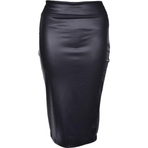 Fashion Sexy OL Women Faux Leather High Waist Knee Length Lady Pencil Skirt