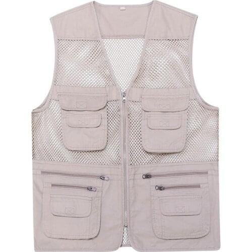 New Casual Loose Cotton Men Vest V-Neck Mesh Zipper Sleeveless Mens Jacket Spring Summer Male Vest With Many Pockets