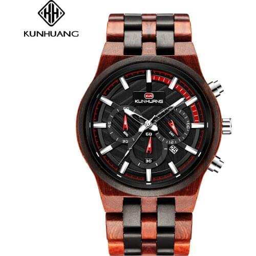 2021 Fashion Date Quartz Top Brand Kunhuang Hodinky Relogio Masculino Male Chronograph Sport Mens Wrist Watch Wooden