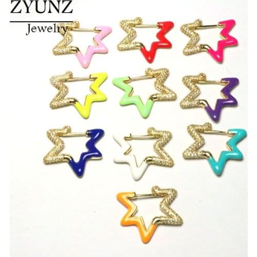 4 Pairs, Mix Color Enamel Star Jewelry Hoop Earrings Trendy CZ Micro Pave Zirconia Earrings For Women Party Jewelry