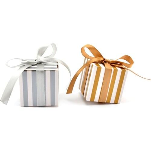 50pcs European Gold Silver Striped Square Shape Paper Candy Box With Ribbon Wedding Birthday Party Kids Shower Supply Favor Bag