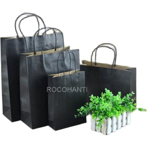ROCOHANTI 50PCS Kraft Black Paper Retail Shopping Bags with Rope Handles Custom Logo Printed Accept