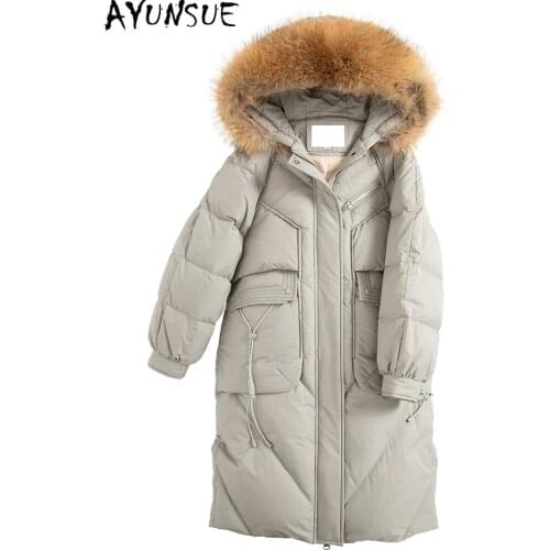 AYUNSUE Fashion High Quality Womens Down Jacket Genuine Raccoon Fur Collar Female Winter Coat Woman Cloth Mujer Parkas Zjt248