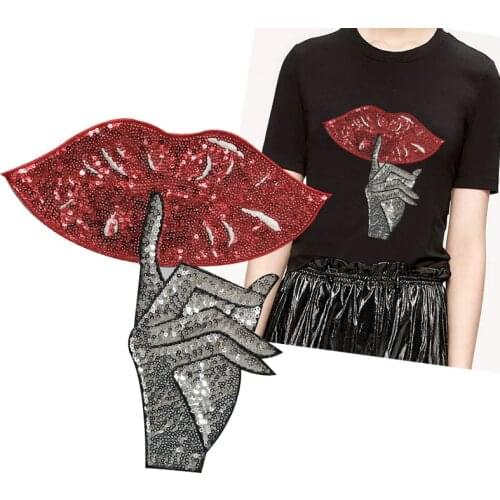 Large Patch Red Lips Hand Sequins Christmas Gift Sew on Patches for Clothing Badge Clothes Stickers Scrapbooking