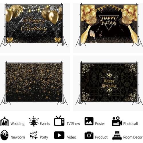 Black Golden Glittler Balloons Happy Birthday Photo Background Adult Women Party Custom Backdrops Photography Wine Table Decor