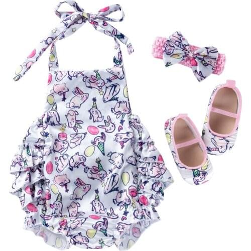 New Born Sling Bellyband Ropa 3Pcs Baby Girls Printed Romper Sets Baby Easter Hollow Costume Backless Clothes 0-24M Lace-up Wear