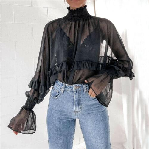 Elegant Women Ruffles Chiffon Blouses Solid Turtleneck Long Sleeve Tops Fashion See-through Ladies Flare Sleeve Plain Shirts