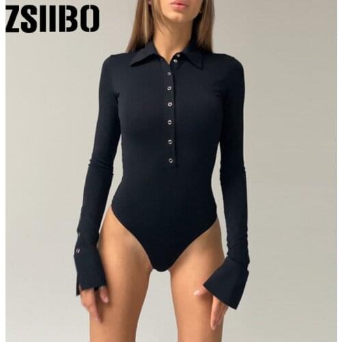 Long-sleeved black bodysuit sexy women 2021 V-neck button slim casual jumpsuit autumn and winter white tights Bodys women