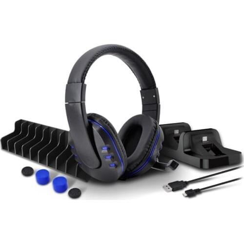 DOBE 5 in 1 Game Pack Stereo Headset with Microphone Accessories Kit for PS4 Playstation 4 PC Laptop with Dual Charging Dock
