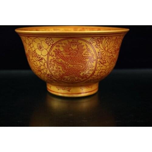 Exquisite Chinese Characteristic Golden Auspicious Dragon and Flowers longevity Designs Porcelain Bowl