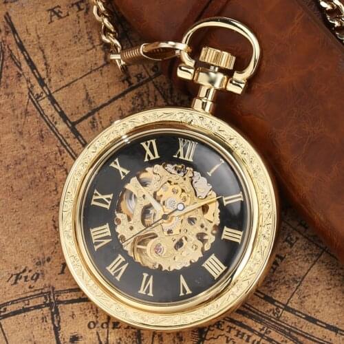 Pocket Watch Noble Golden No Cover Black Dial Roman Numerals Automatic Mechanical Durable Necklace Pendant Lover Holiday Gift