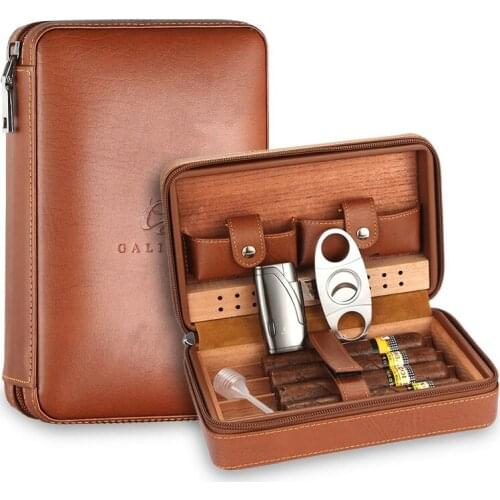 Cedar Wood Cigar Humidor Box Leather Travel Portable Storage Case 4 Holder Cigars Container Sealed Box Gadget