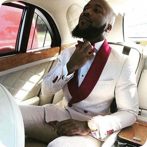 White Pattern Printed Men Suit Wedding Burgundy Shawl Lapel Slim Fit Groom Tuxedo Best Man Blazer Masculino 2Piece Jacket Pants