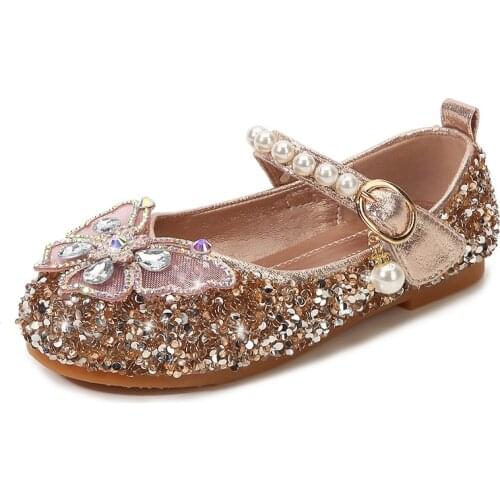 Girls Leather Shoes Children Casual Sneakers Kids Dress Flats Crystal Rhinestone Pearls Beading with Butterfly Princess Wedding