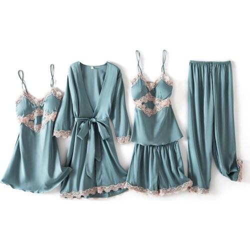 Soft Sleep Set V-Neck Nightwear 5PCS Pajamas Suit Women Sleepwear Flower Strap Nightshirts Sexy Lace Warm Negligee Home Clothes