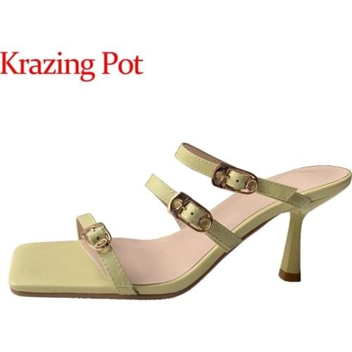 Krazing pot genuine leather thin high heel square toe sling back belt buckle fairly beauty girls slip on mules women sandals L45
