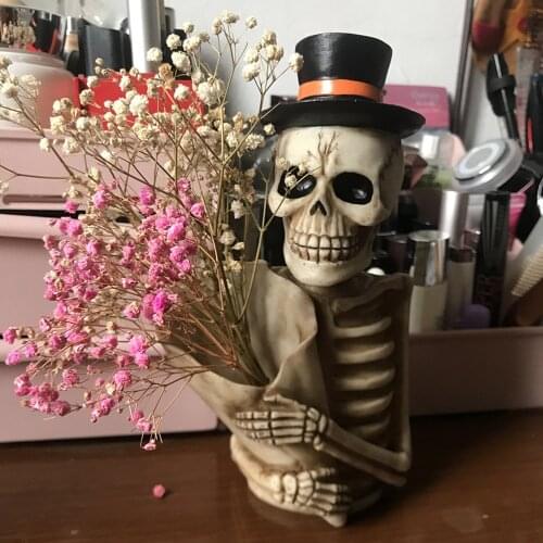 Retro Desktop Pen Organizer Ossuary Skulls Decor Skeleton Stationery Makeup Brush Holder Stand Halloween Gift For Home Office